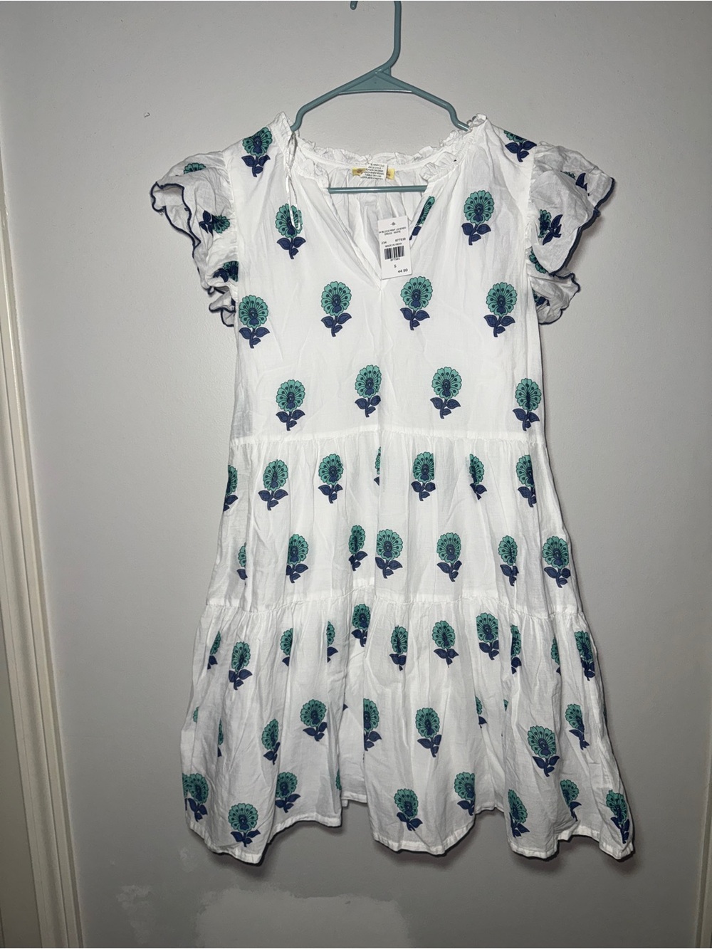 White Tiered Mini Dress with Teal and Navy Floral Motif. NWT.‎ Cottagecore